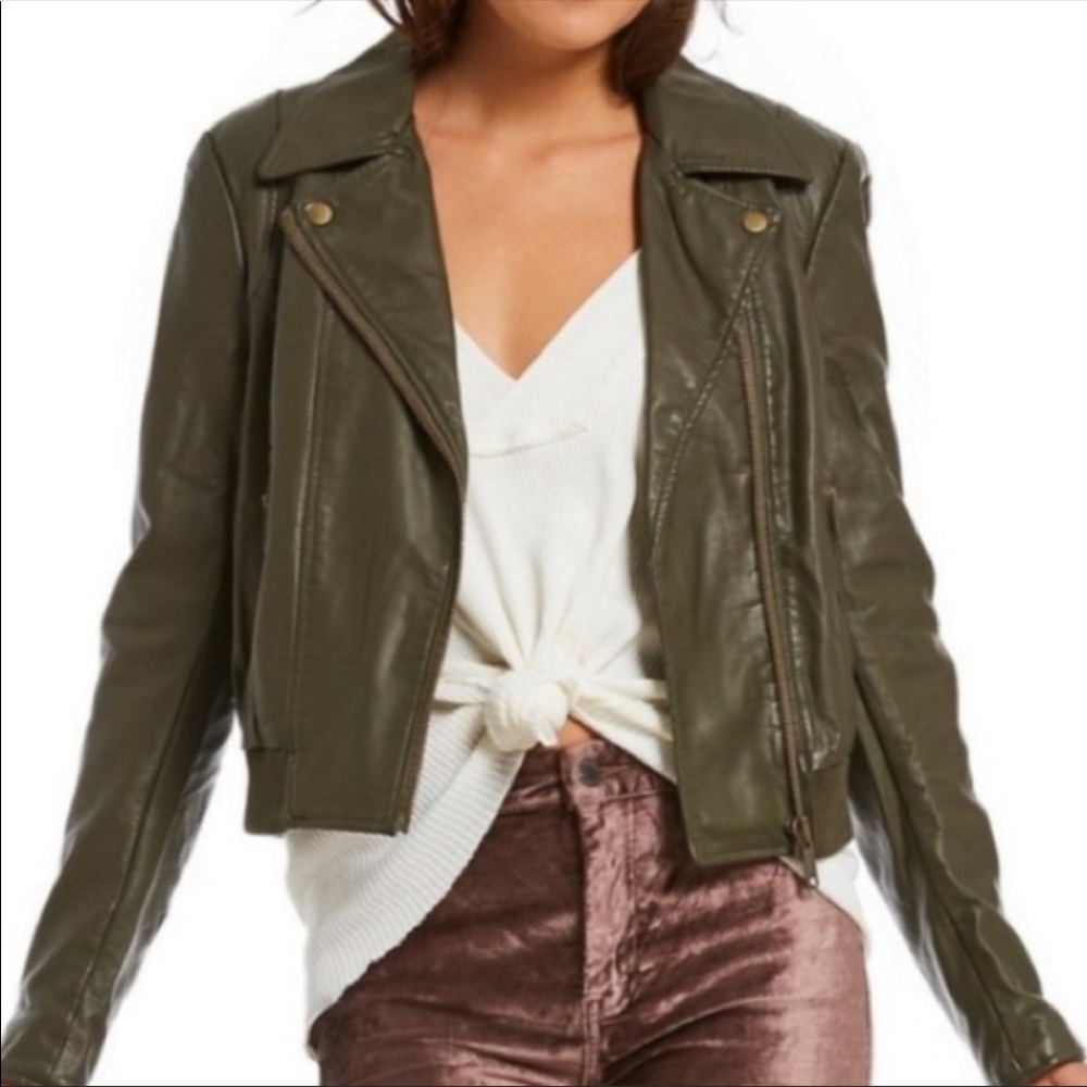 FREE PEOPLE Green Moto Bomber Faux Leather Jacket Moss